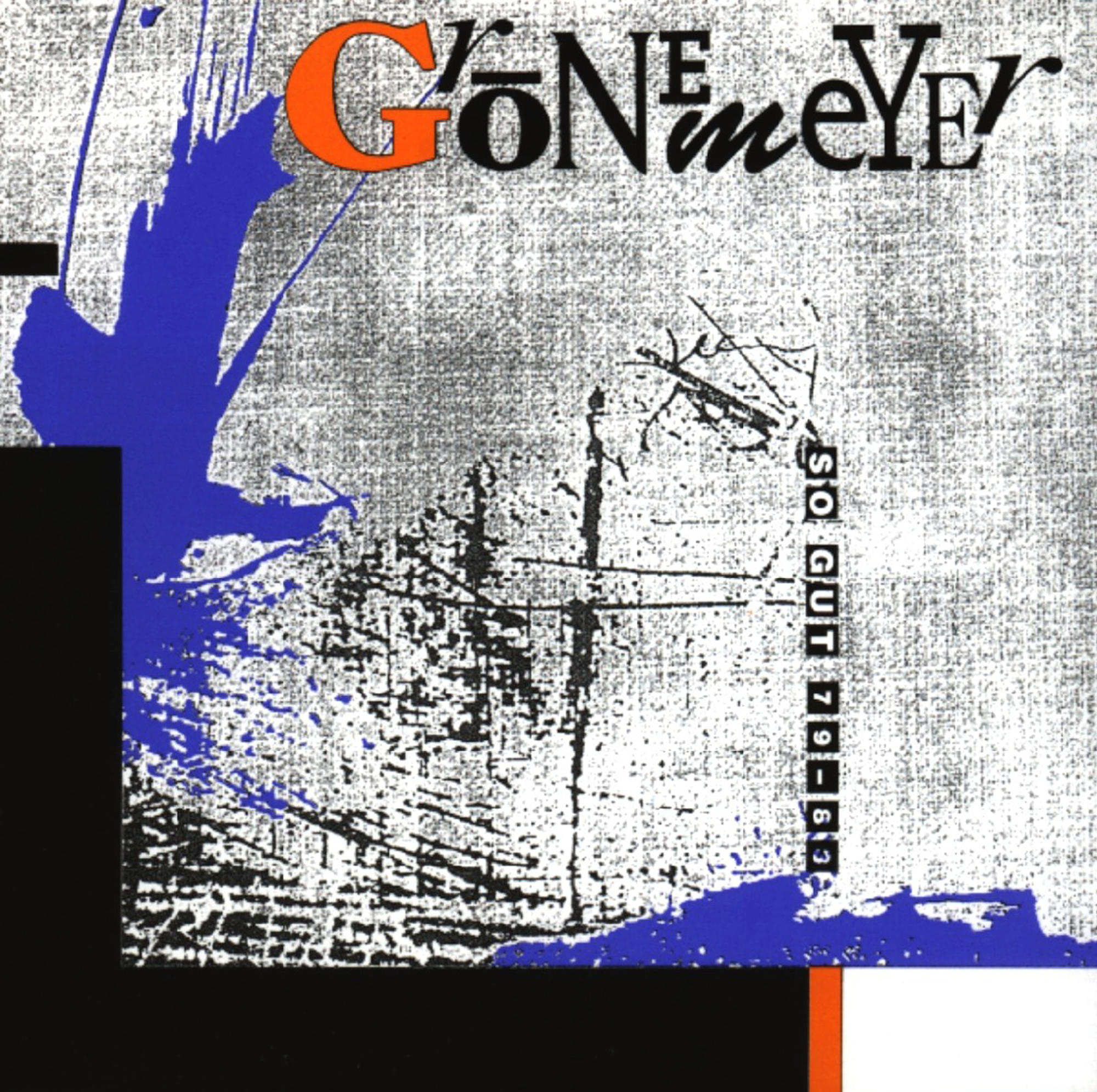 Albumcover mit abstrakter Kunst mit blauen und orangefarbenen Farben und Text auf grauem Hintergrund.