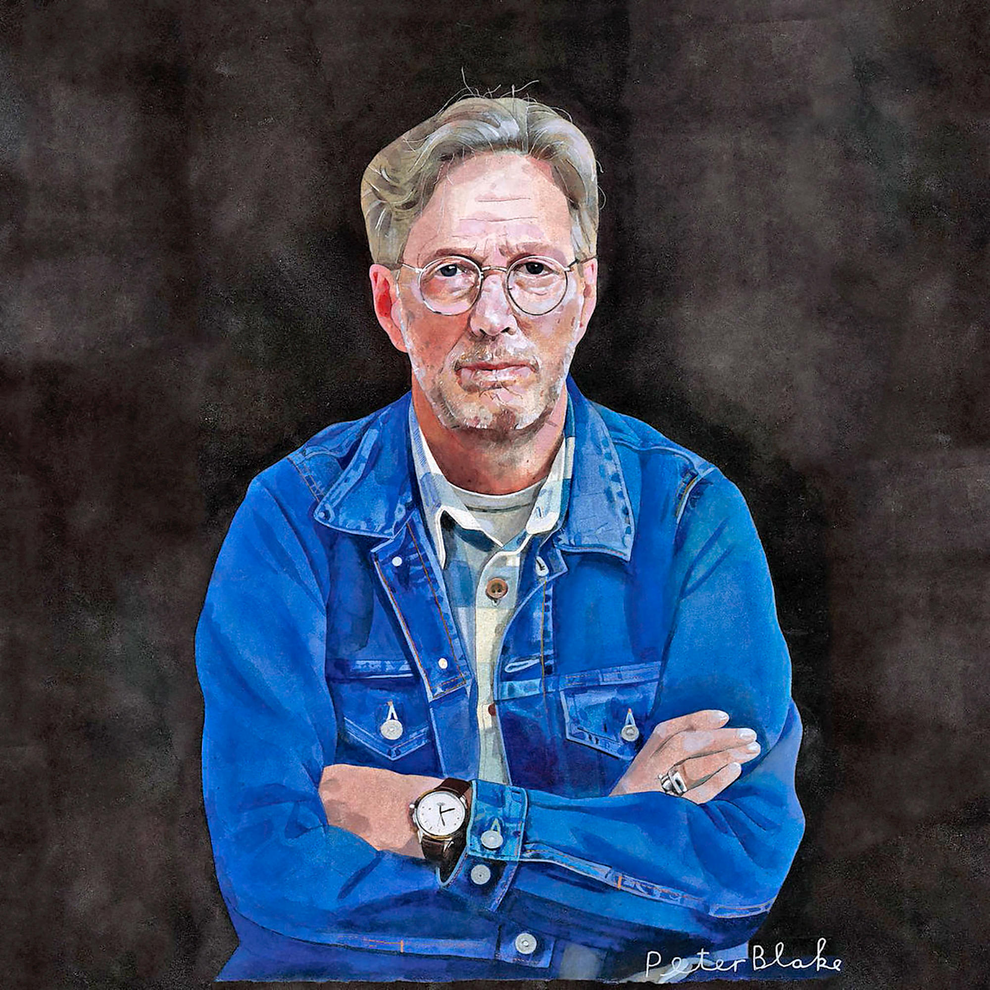 Eric Clapton portréja kék farmerdzsekiben és szemüvegben, karba tett kézzel. Sötét háttér.