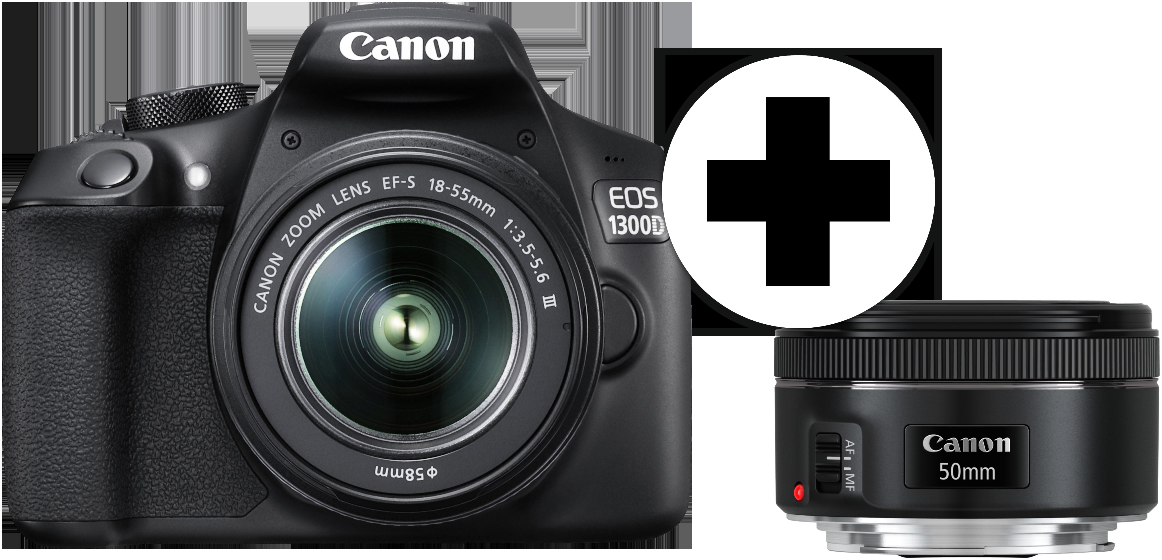 CANON EOS 1300D Spiegelreflexkamera, 18 Megapixel, 18-55 mm, 50 mm Objektiv (DC, STM), Schwarz