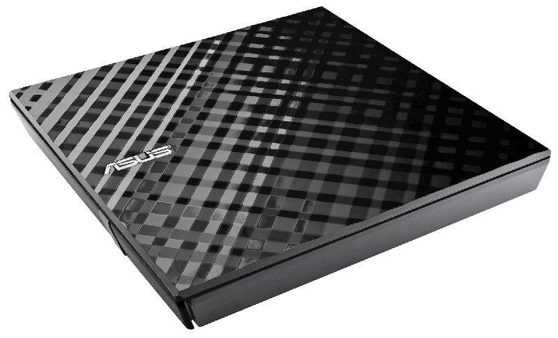 Lecteur DVD externe noir. La surface est ornée d'un motif quadrillé. Marque : ASUS.