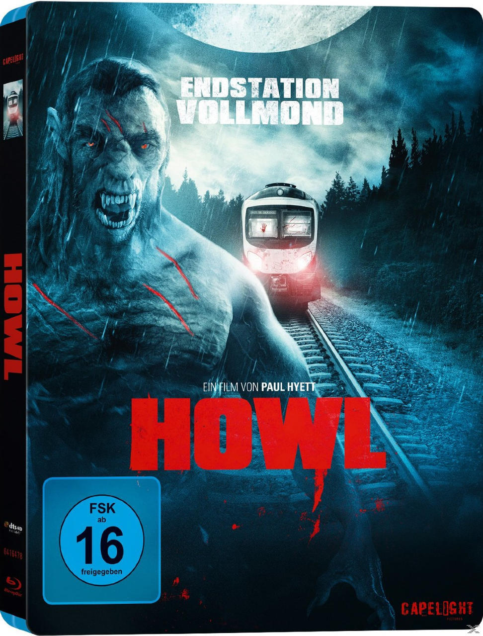 Filmcover 'Howl'. Ein Werwolf, Zug und Text auf einer dunklen, regnerischen Nachtszene.
