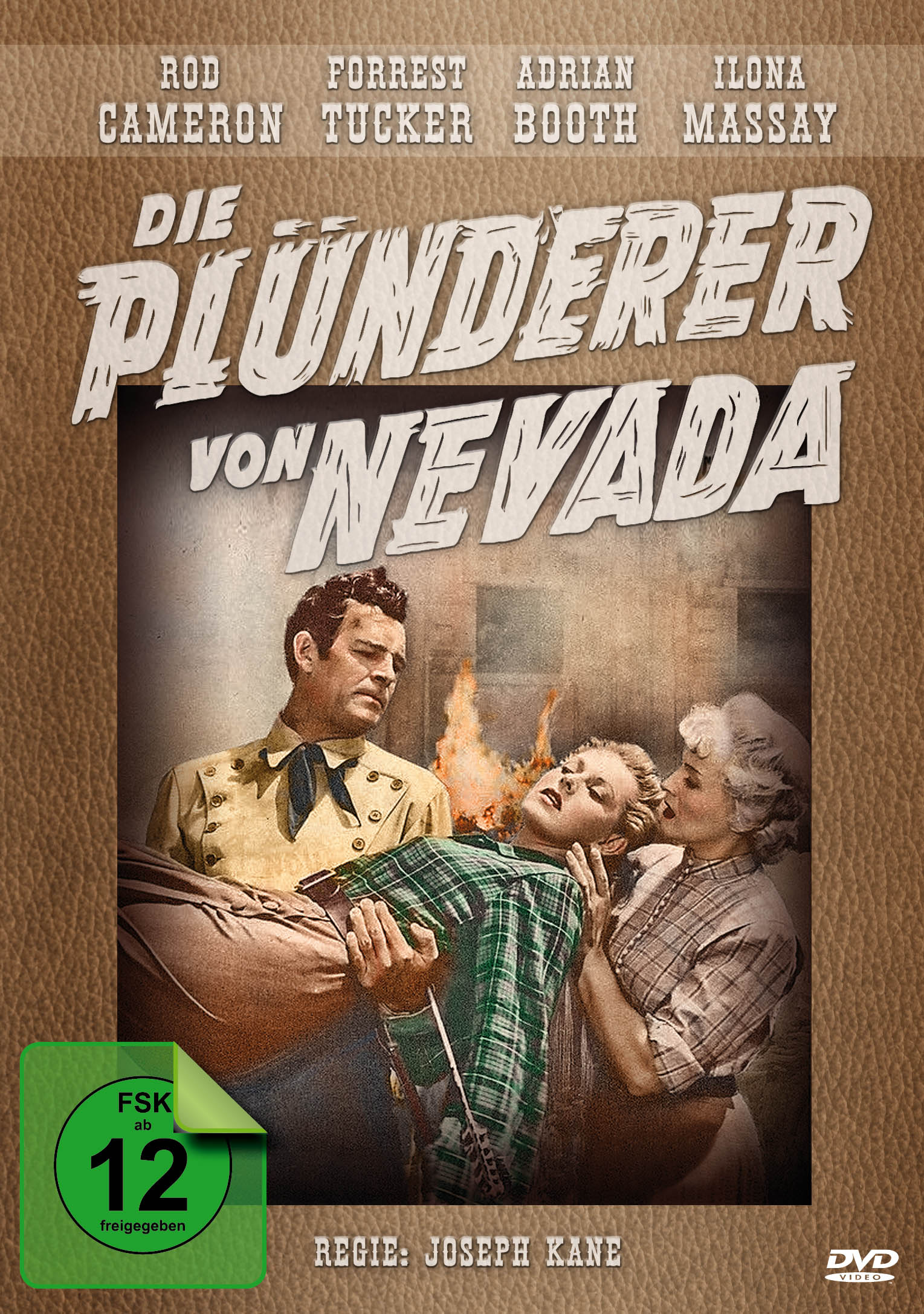 Filmposter zeigt Schauspieler und eine Szene, in der eine Frau gehalten wird, während in der Nähe Feuer brennt.