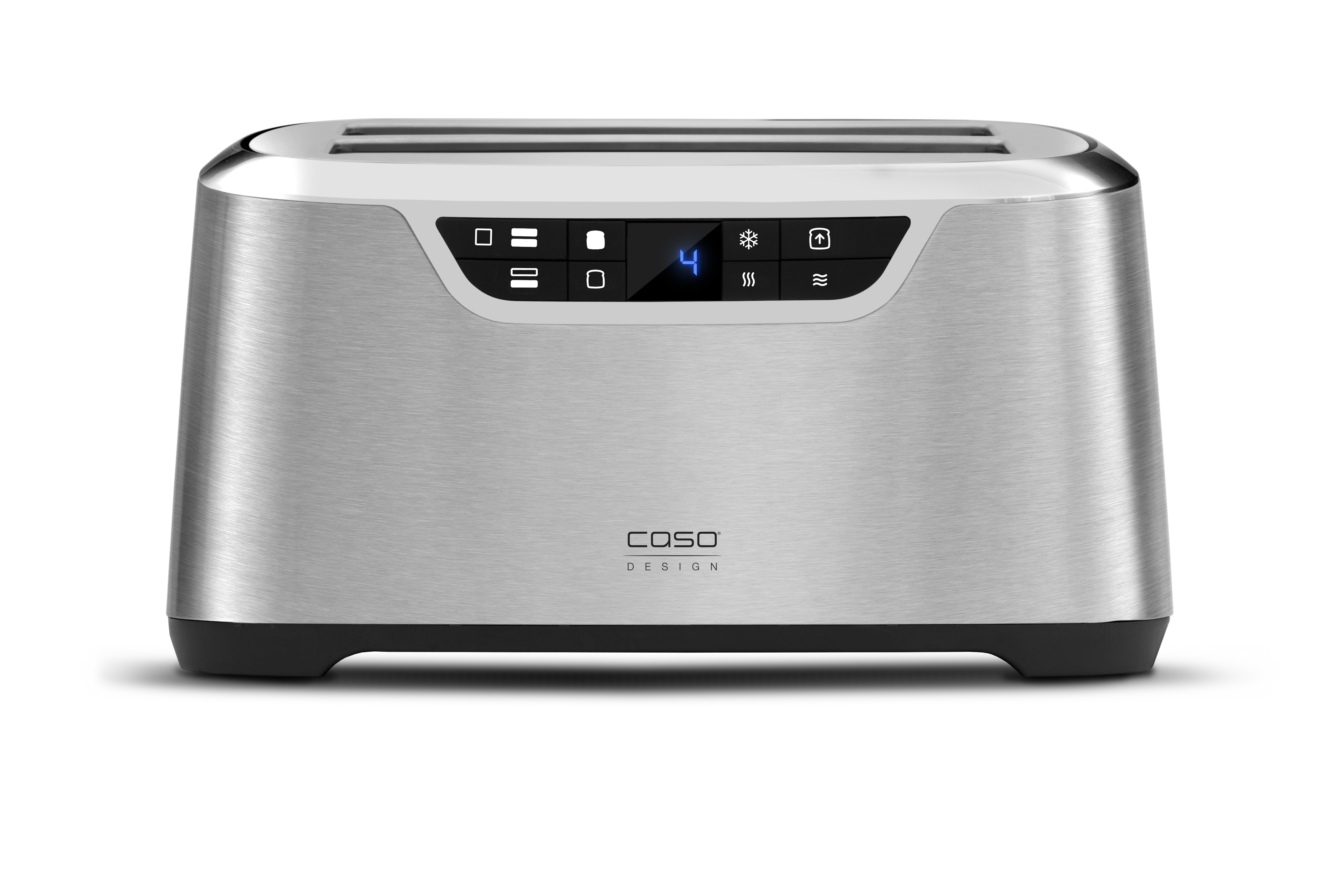 Silberner Toaster mit schwarzem Sockel und digitaler Anzeige.
