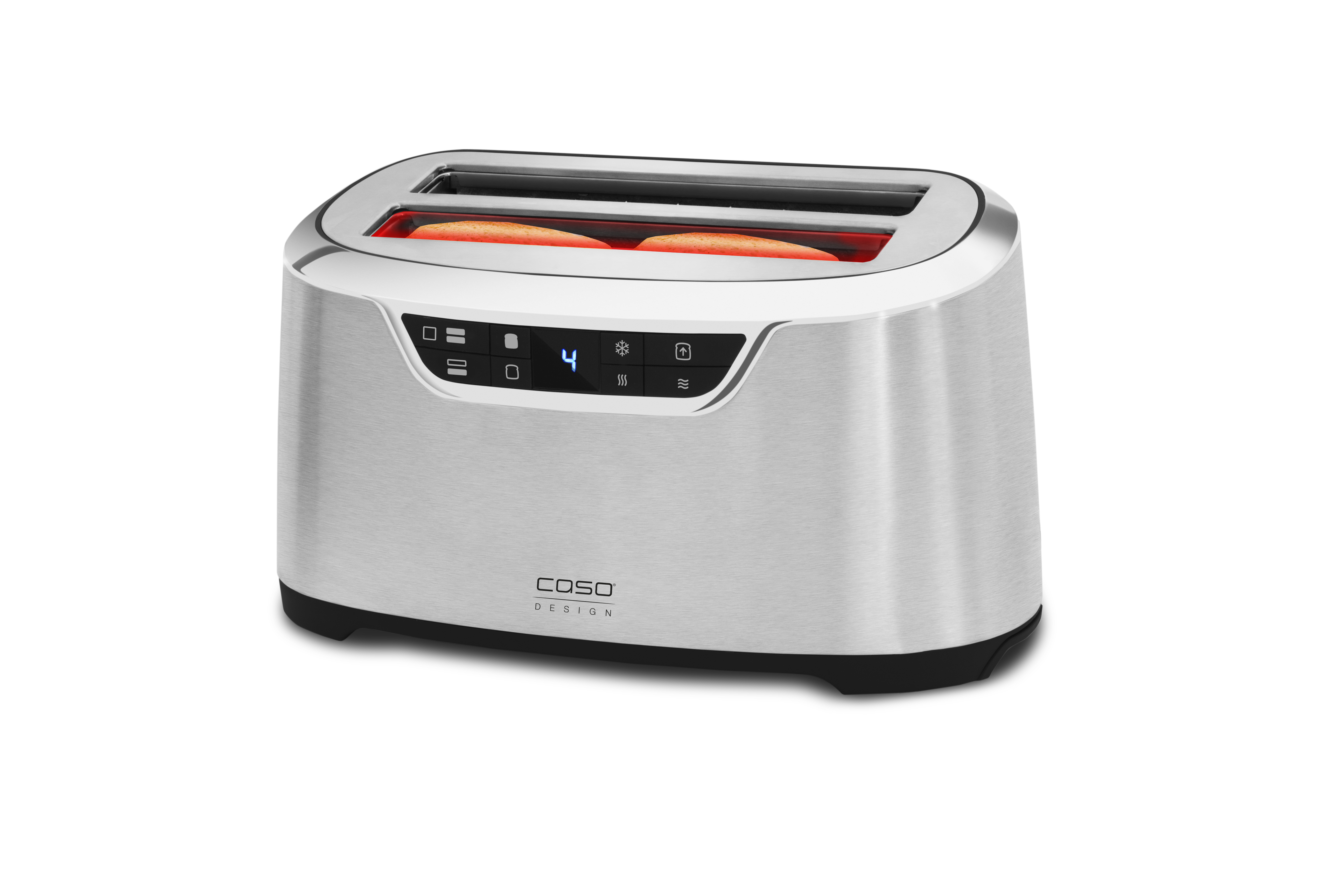 Silberner Toaster mit zwei Schlitzen und Digitalanzeige.