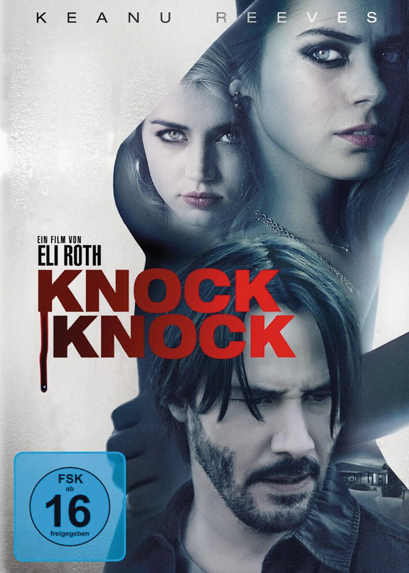 Filmplakat: Keanu Reeves in einem Thriller. Frauengesichter im Hintergrund. Der Titel lautet 'Knock Knock'.