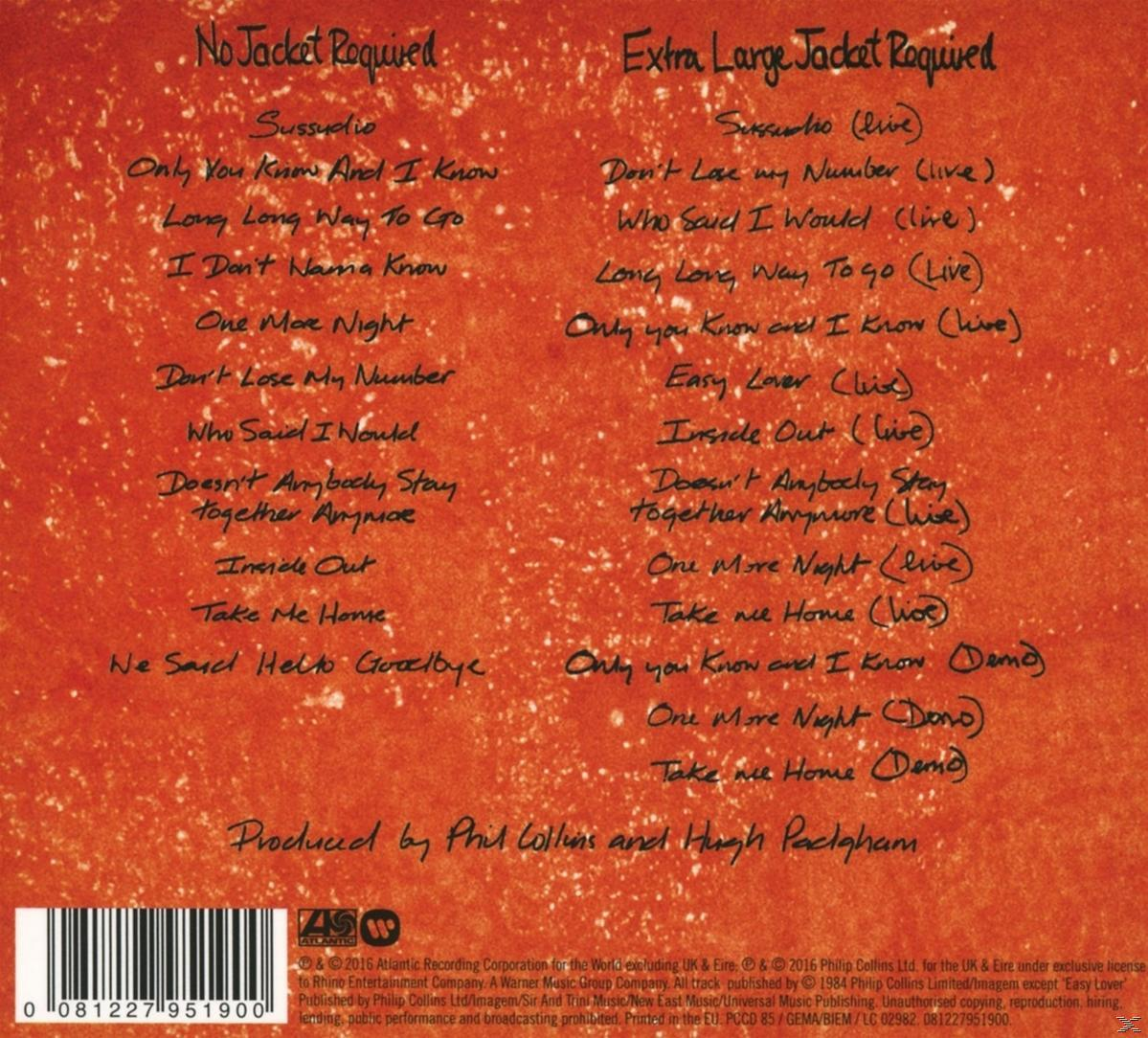 Eine CD-Rückseite mit Titellisten. Titel sind unter „No Jacket Required“ und „Extra Large Jacket Required“ aufgeführt.