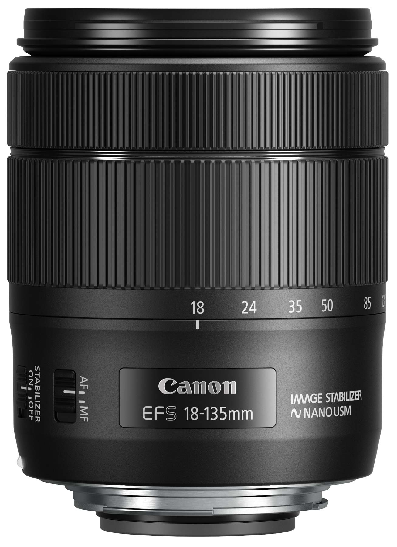 Black Canon camera lens with numbers and markings. The lens is cylindrical with ridged sides.