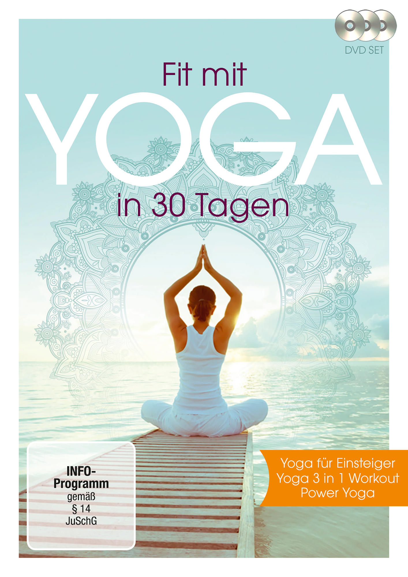 DVD-Cover: Yoga-Pose, Text 'Fit mit Yoga in 30 Tagen'.