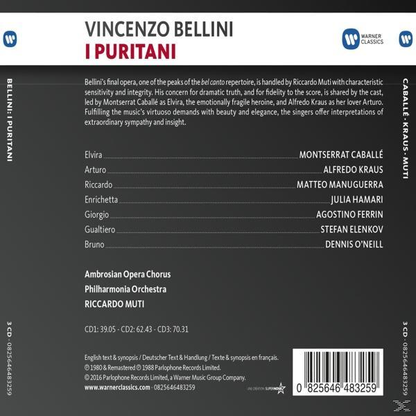 CD-Cover von Vincenzo Bellinis 'I Puritani' mit Text und den Namen der Interpreten.