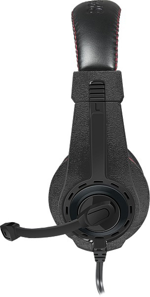 Schwarzes Gaming-Headset mit roten Nähten, einem Mikrofon und einem Kabel.