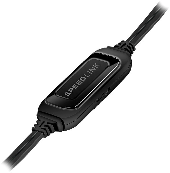 Schwarzes Kabel mit einer schwarzen Box in der Mitte. Text auf der Box: SPEEDLINK.