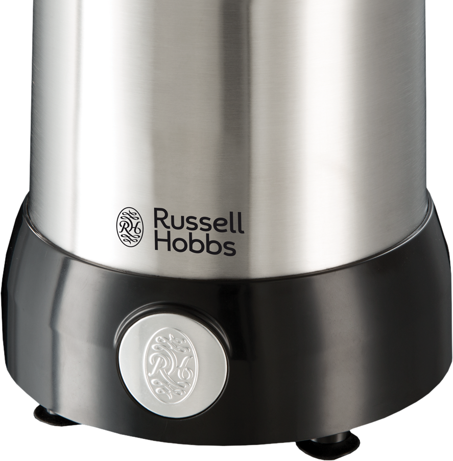 A Russell Hobbs készülék közeli képe, amely a márkalogót és a fekete alapot mutatja.
