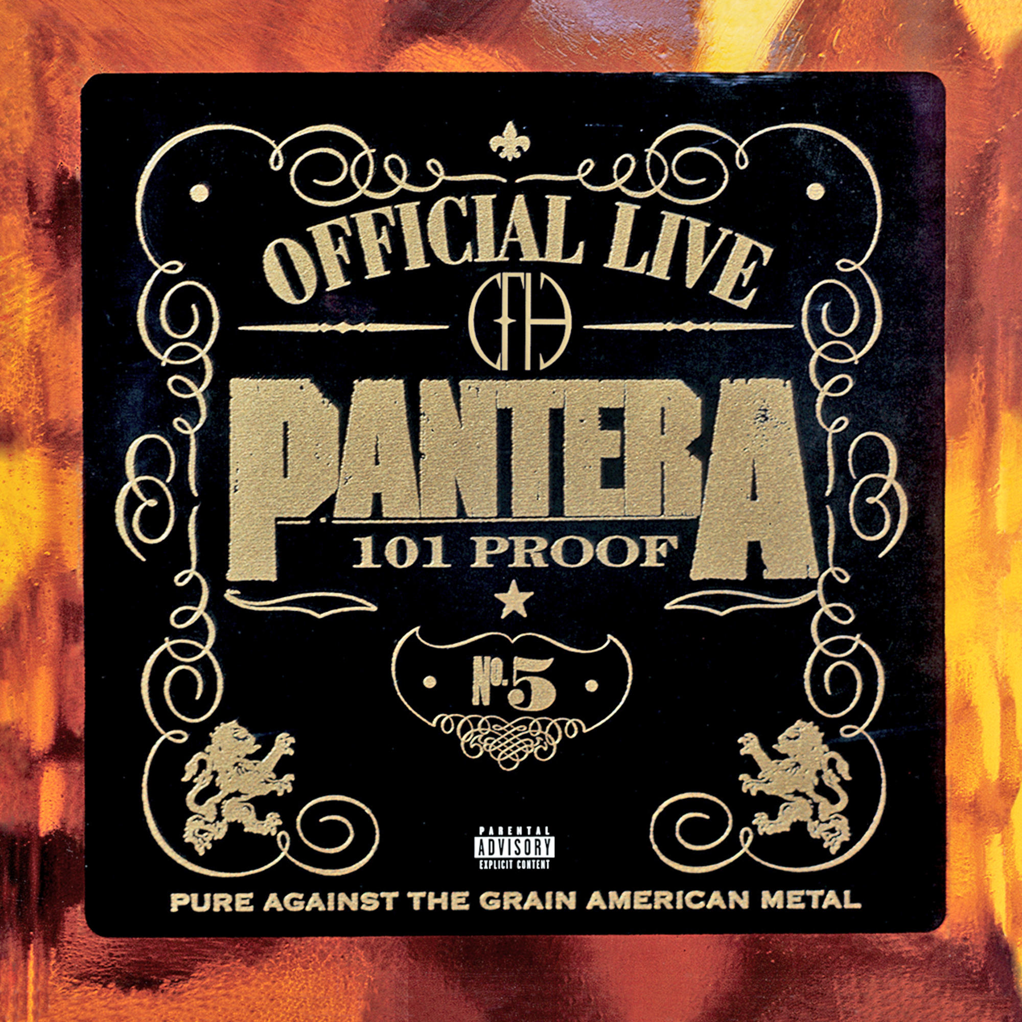 Schwarzes Albumcover. Goldener Text: 'Official Live Pantera 101 Proof'. Goldene Löwen und Schnörkel.