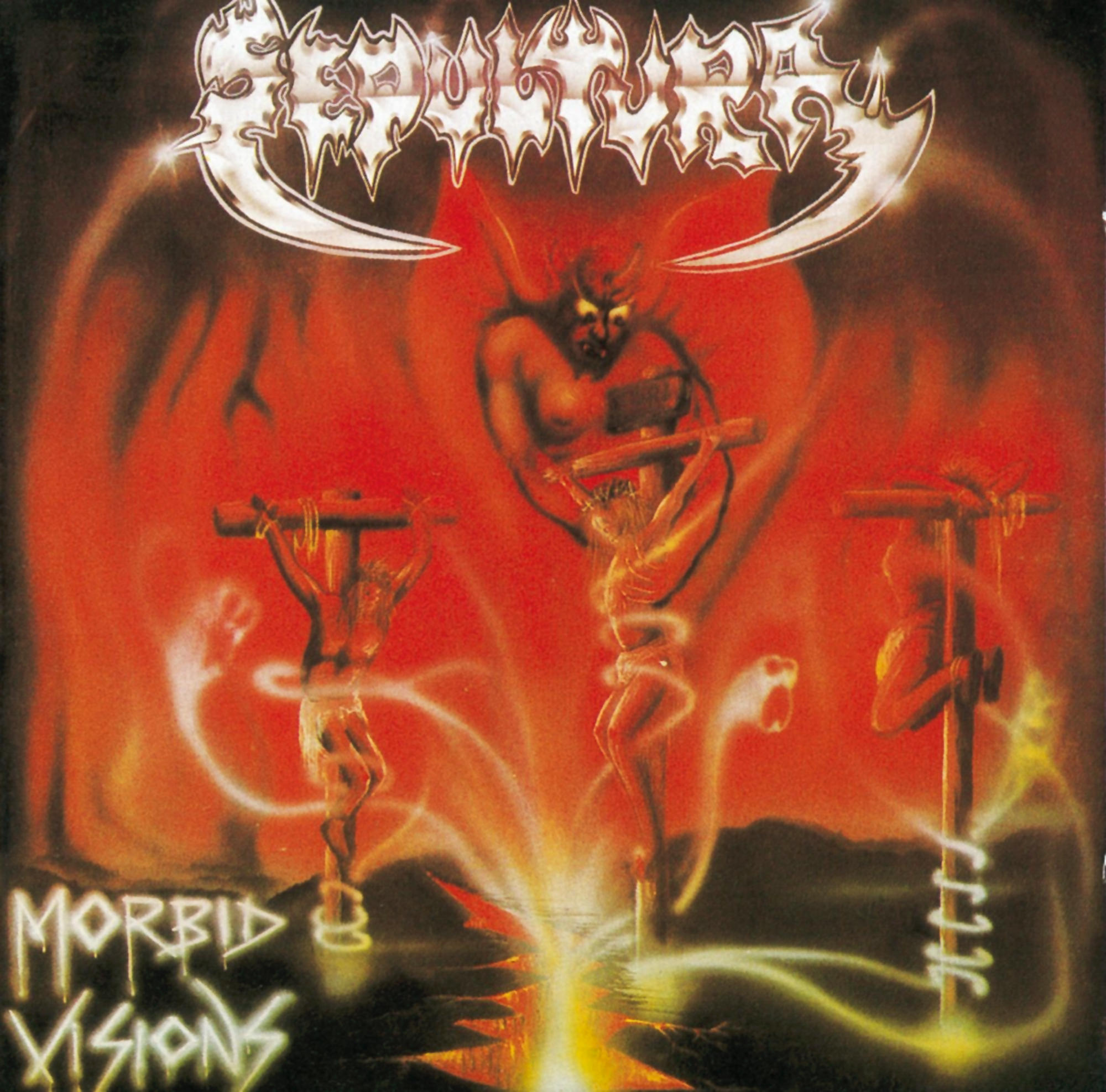 Albumcover mit einer Teufelsfigur und drei Figuren auf Kreuzen in einem feurigen Hintergrund.