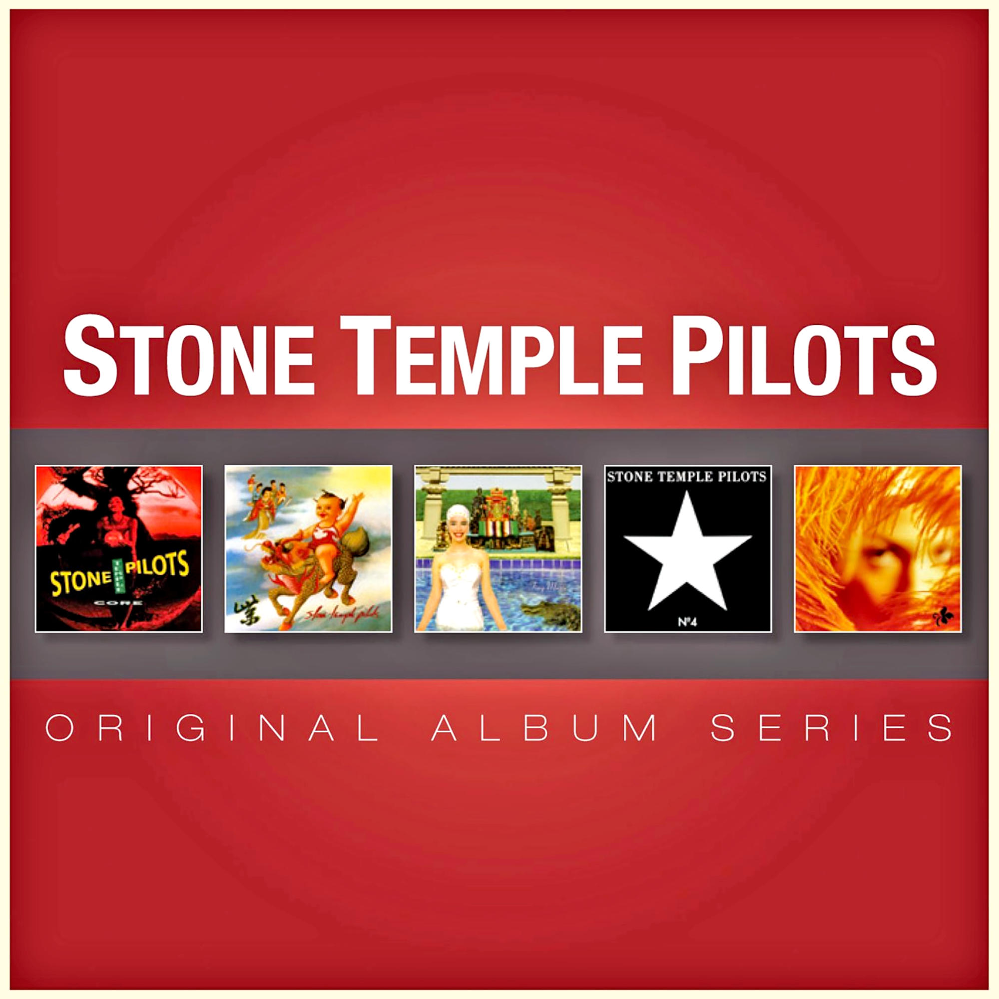 Stone Temple Pilots Albumcover-Montage. Roter Hintergrund mit dem Namen der Band.
