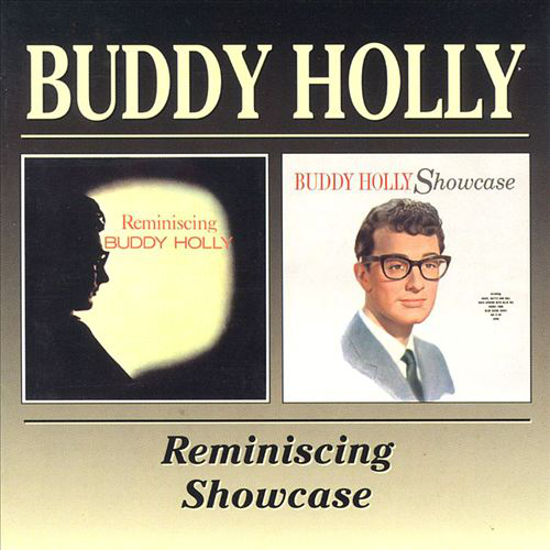 Album borító Buddy Holly-val, fotó jobbra, sziluett és szöveg balra.
