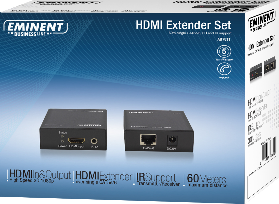 Een HDMI Extender Set-doos met tekst en afbeeldingen.