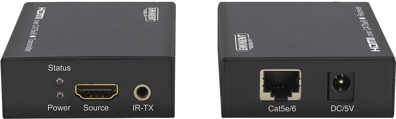 Twee zwarte HDMI-apparaten met poorten en labels. Eén heeft status, stroom en IR-TX.