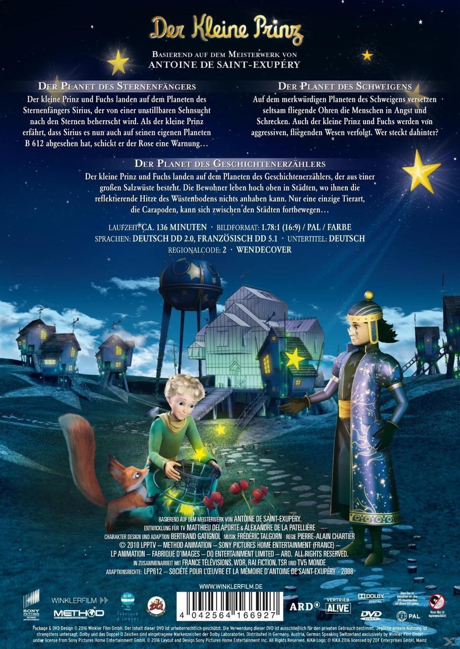 Rückseite der DVD des Films. Illustrationen des kleinen Prinzen, des Fuchses und eines Mannes im blauen Anzug.
