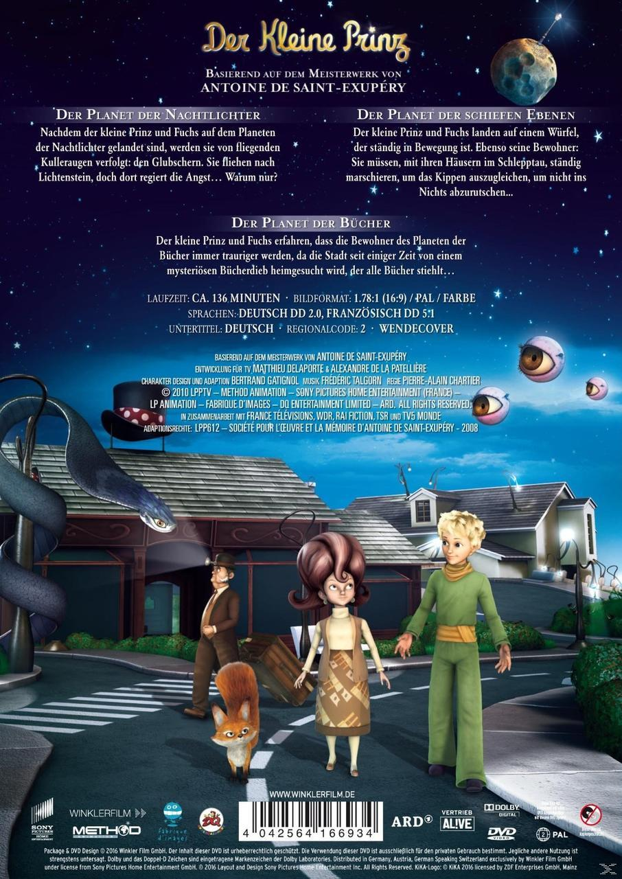 Filmcover, Rückseite: Charaktere aus "Der Kleine Prinz", Text auf Deutsch, Sterne und Augen im Hintergrund.