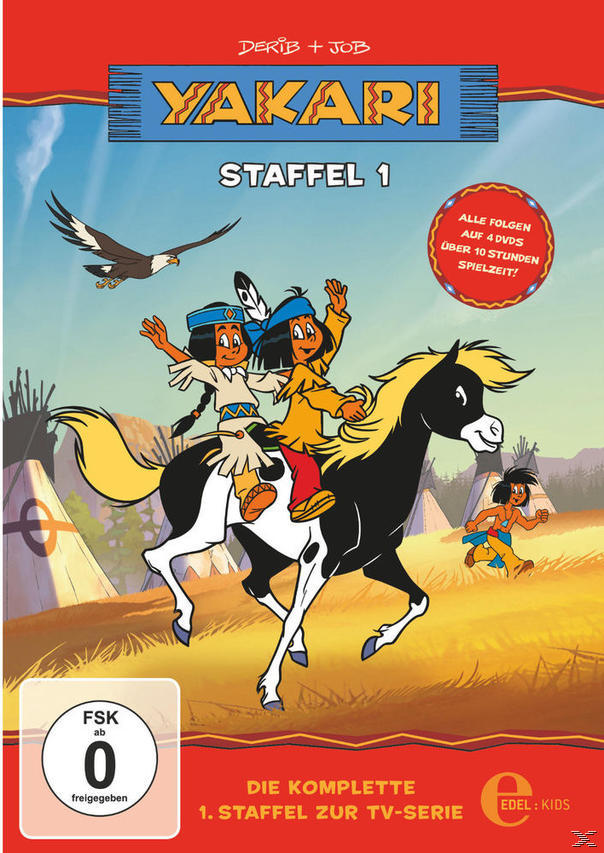 DVD-Cover für 'Yakari Staffel 1'. Zeigt einen Zeichentrick-Indianerjungen auf einem Pferd mit einem Adler.
