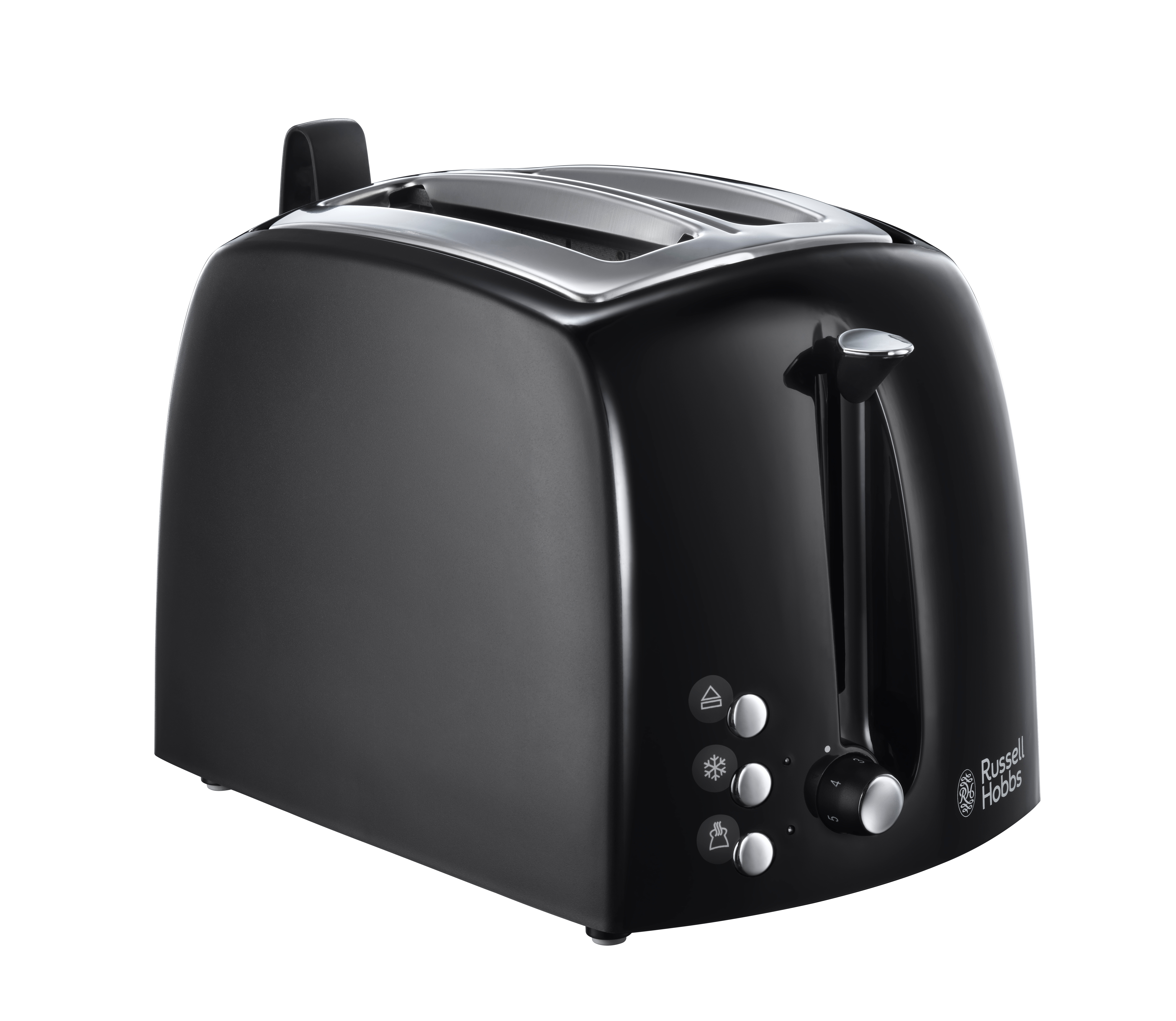 Un grille-pain noir avec deux fentes, des boutons et un levier. Fond blanc.