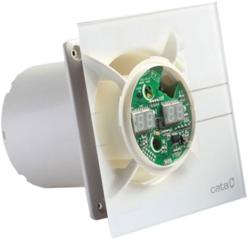 Fehér négyzet alakú ventilátor digitális kijelzővel és áramköri lappal. Fehér kör alakú cső van hozzá csatolva.