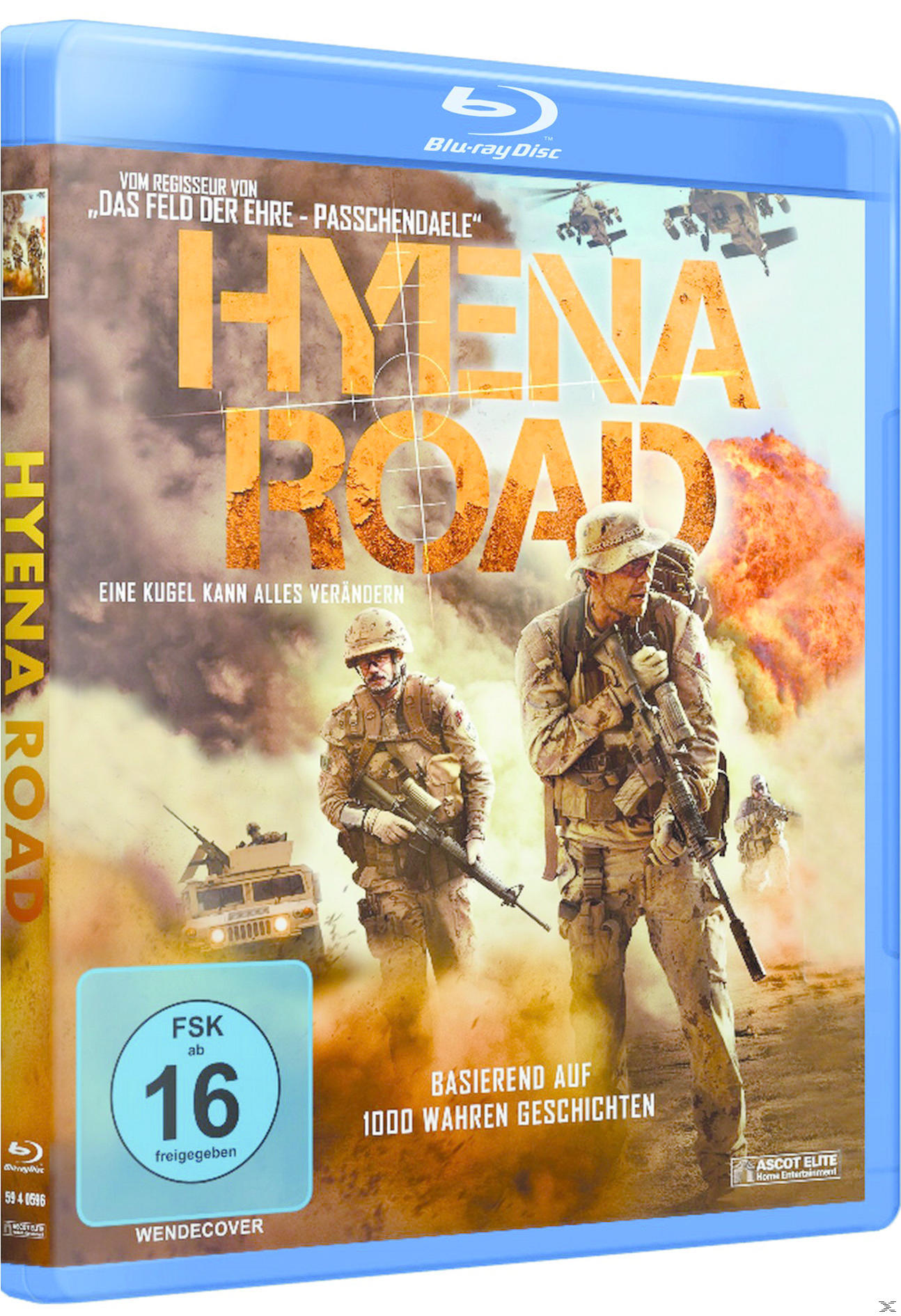 Blu-ray-Cover von Hyena Road mit zwei Soldaten. Der Hintergrund zeigt Kriegsszenen.