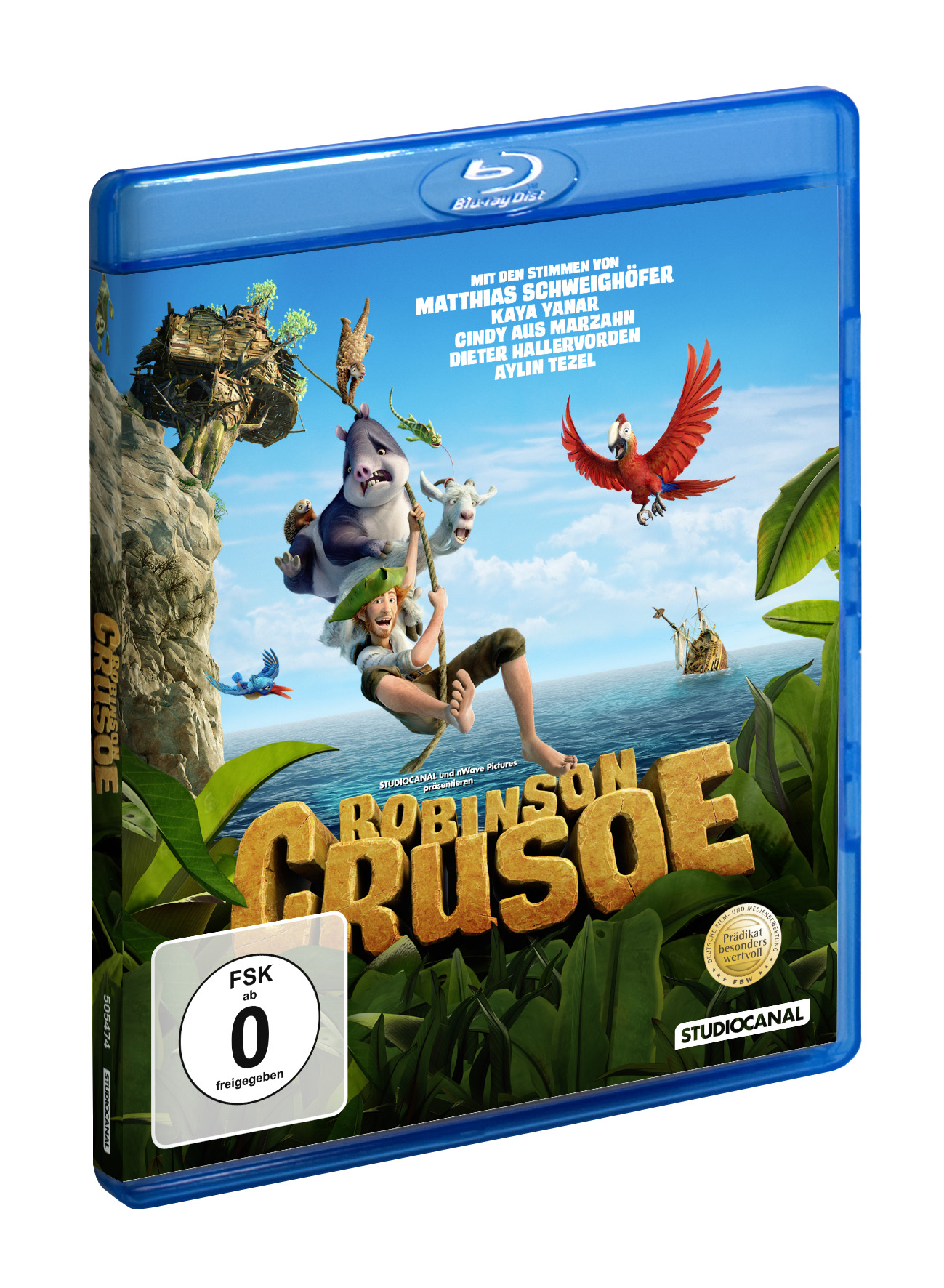 Blu-ray-Disc-Cover: Der Animationsfilm 'Robinson Crusoe' zeigt Charaktere auf einer farbenfrohen Insel mit dem Titel.