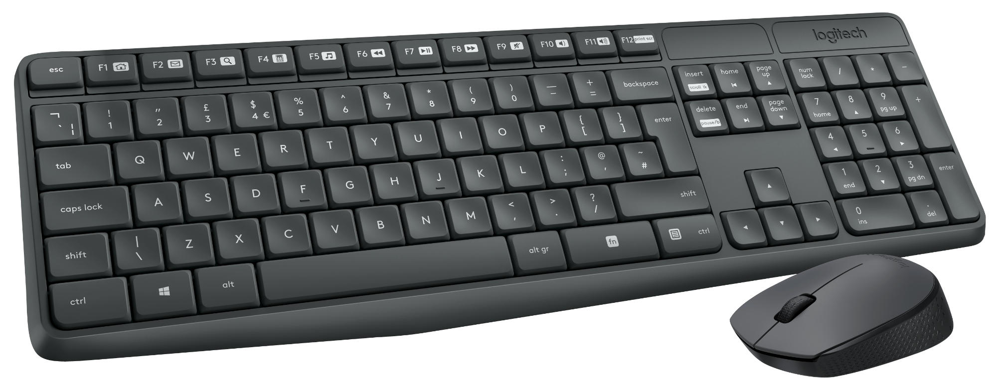 Ensemble clavier et souris Logitech noirs, avec une disposition complète du clavier.