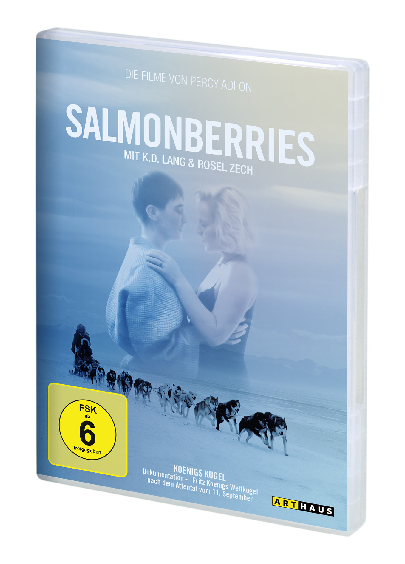 DVD-Cover: Zwei Personen umarmen sich, Hunde ziehen einen Schlitten, und Text 'Salmonberries'. Blau- und Weißtöne.