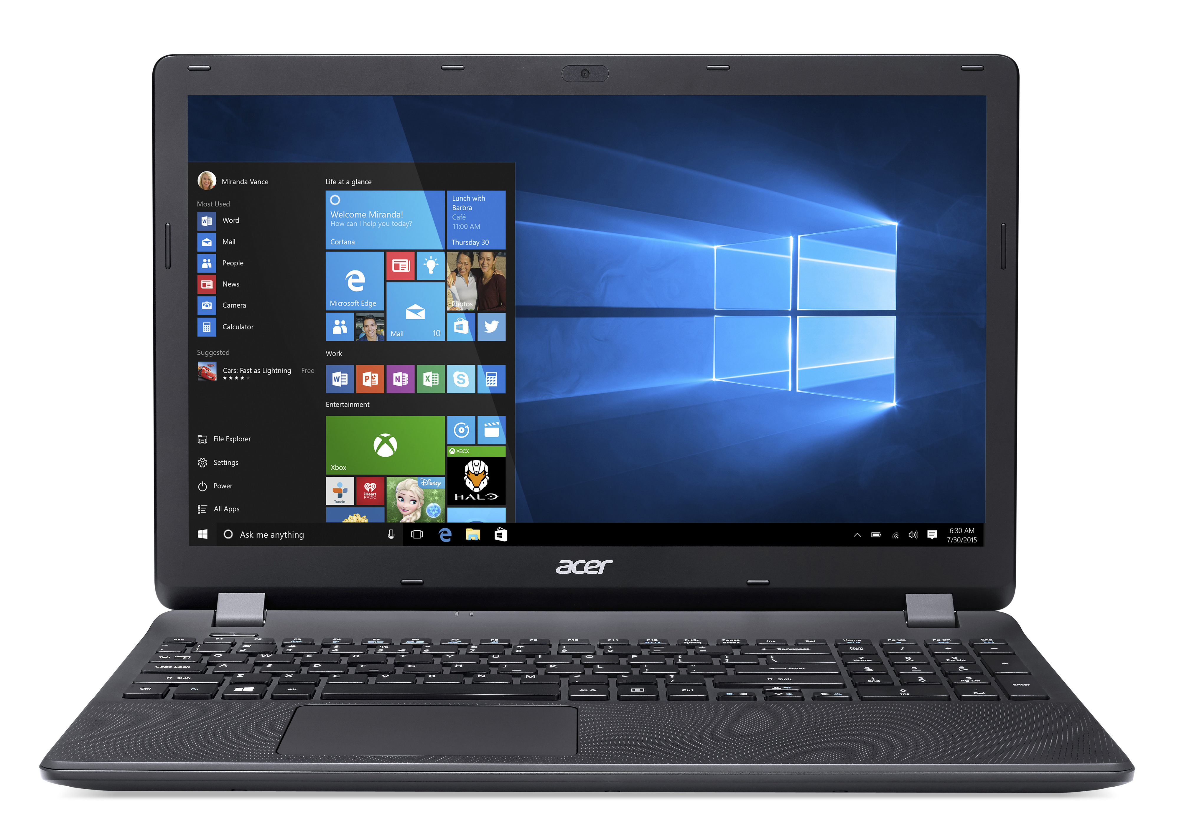 Schwarzer Acer Laptop geöffnet, zeigt Windows 10 Oberfläche.