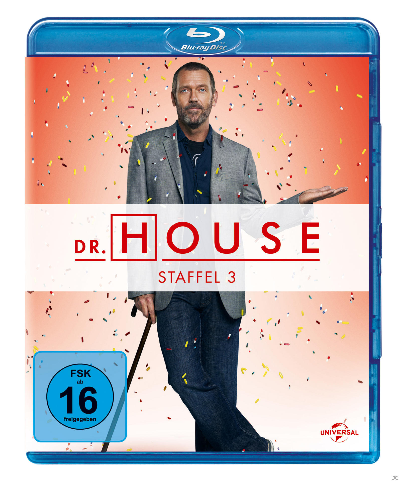 Dr. House DVD-Cover, Hugh Laurie mit Pillen und einem Stock.