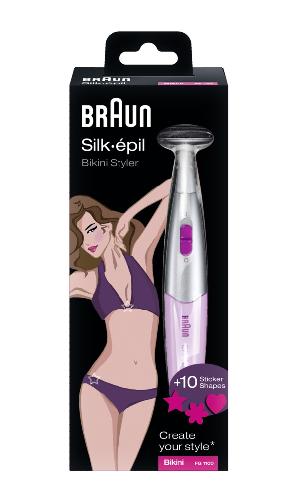 Braun Silk-épil Bikini Styler doboz egy bikiniben lévő nővel.