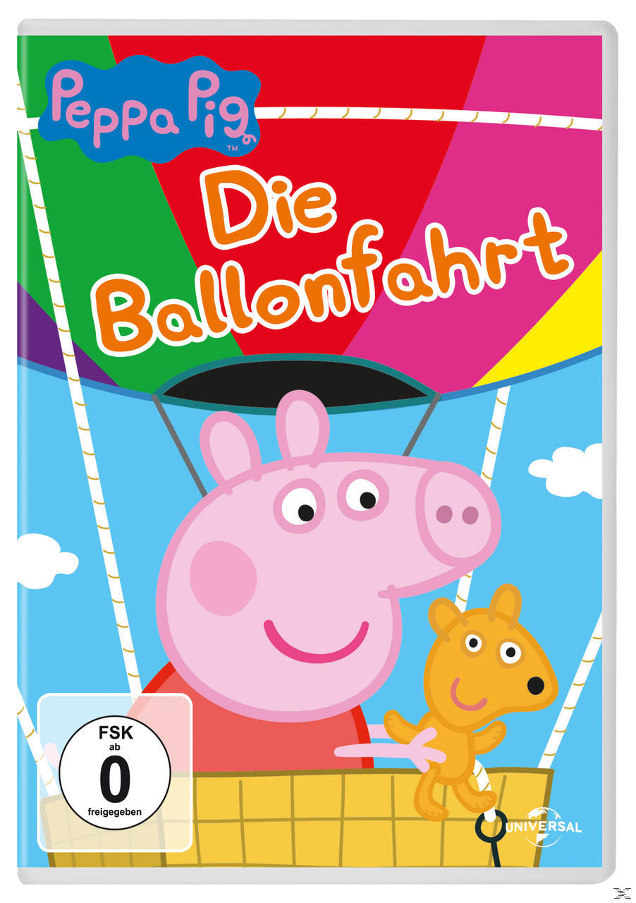 DVD-Cover: Peppa Wutz in einem Heißluftballon mit einem Freund. Blau, rot und gelb.