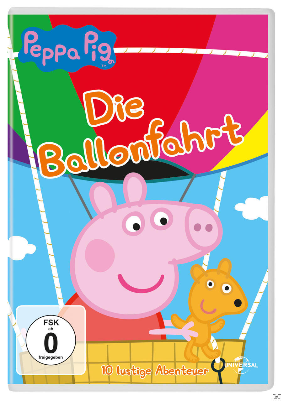 DVD-Hülle. Ein Cartoon mit Peppa Wutz, einem Teddybär und einem Ballon. Der Hintergrund ist blau.