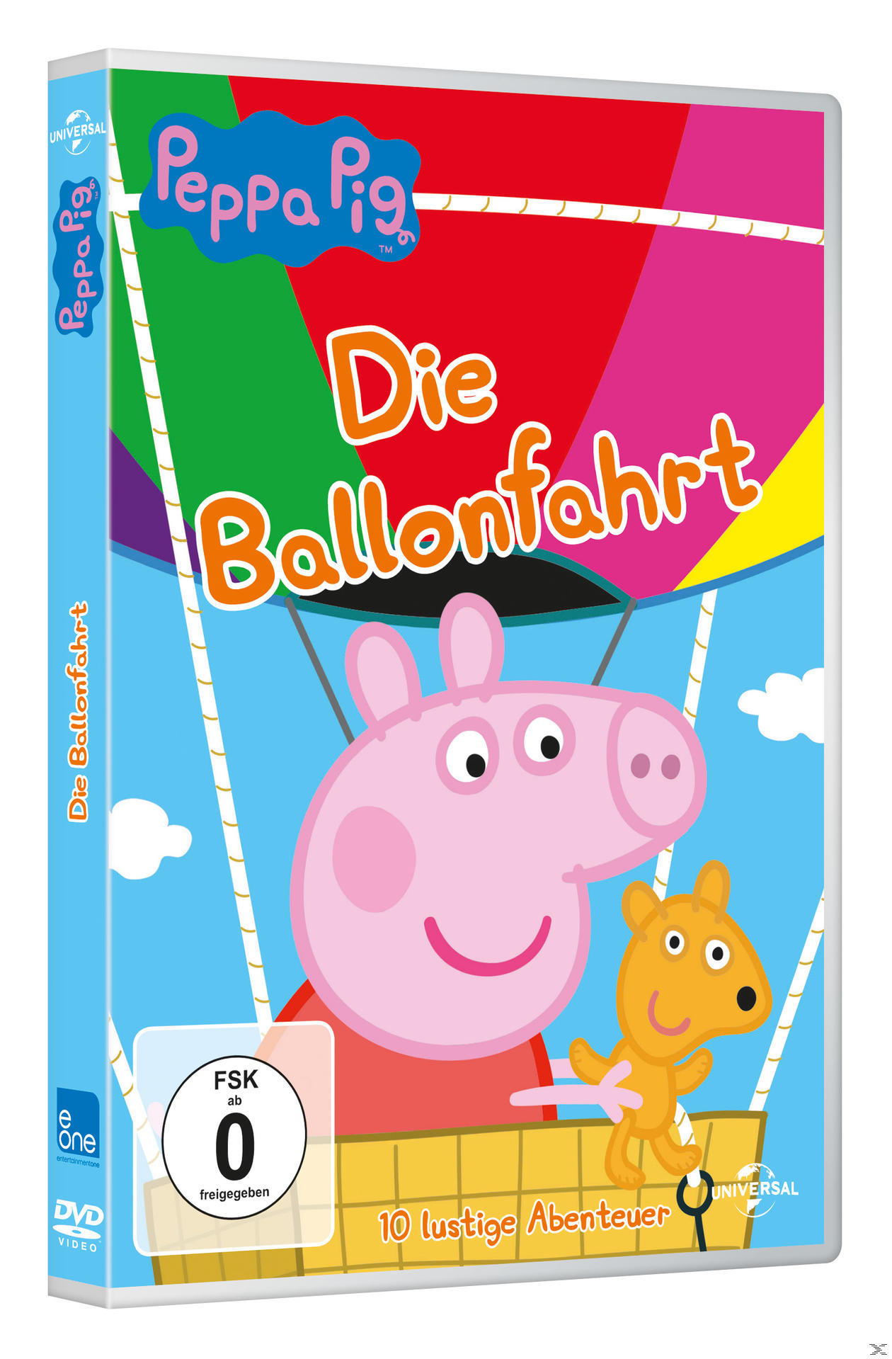 DVD-Cover: Peppa Wutz in einem Heißluftballon mit einem Bären. Text auf Deutsch: Die Ballonfahrt.
