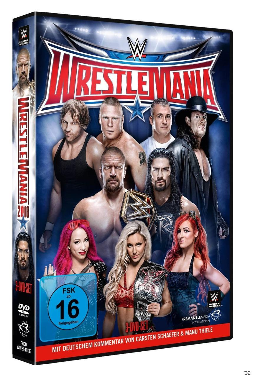 DVD-Cover mit Wrestlern. Zu den Wrestlern gehören Brock Lesnar, Triple H und Undertaker. Text: „Wrestlemania 2016“.
