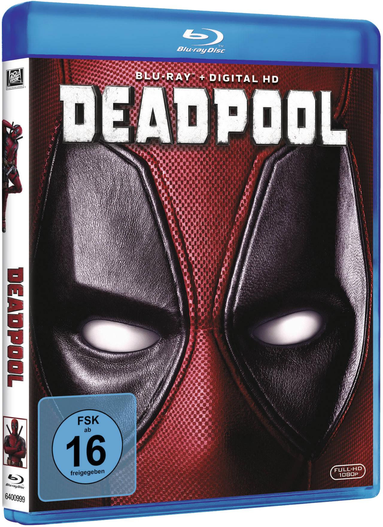 Blu-ray-Cover von 'Deadpool'. Deadpools Gesicht füllt den Rahmen vor einem strukturierten roten Hintergrund.