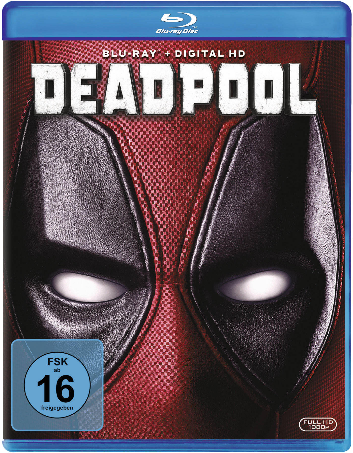 Deadpool Blu-ray-Cover. Nahaufnahme von Deadpool's Maske auf rotem Hintergrund mit Blu-ray- und Bewertunglogos.