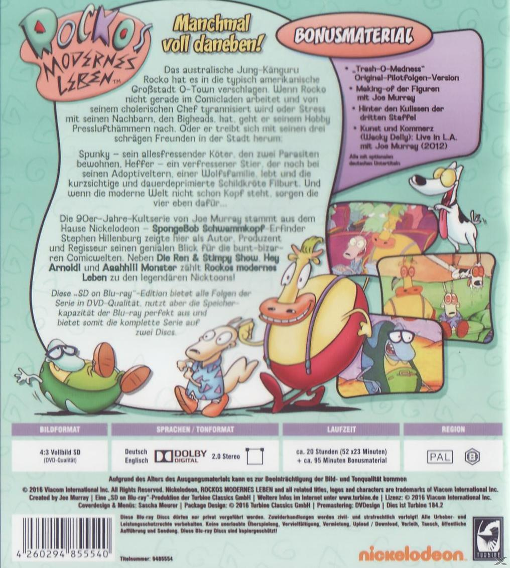 Rückseite einer Rockos modernes Leben DVD-Hülle mit bunten Zeichentrickfiguren und Text.