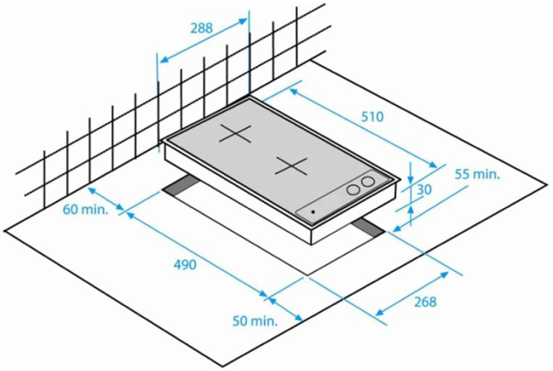 Beépített főzőlap diagramja, méretekkel és dimenziókkal.