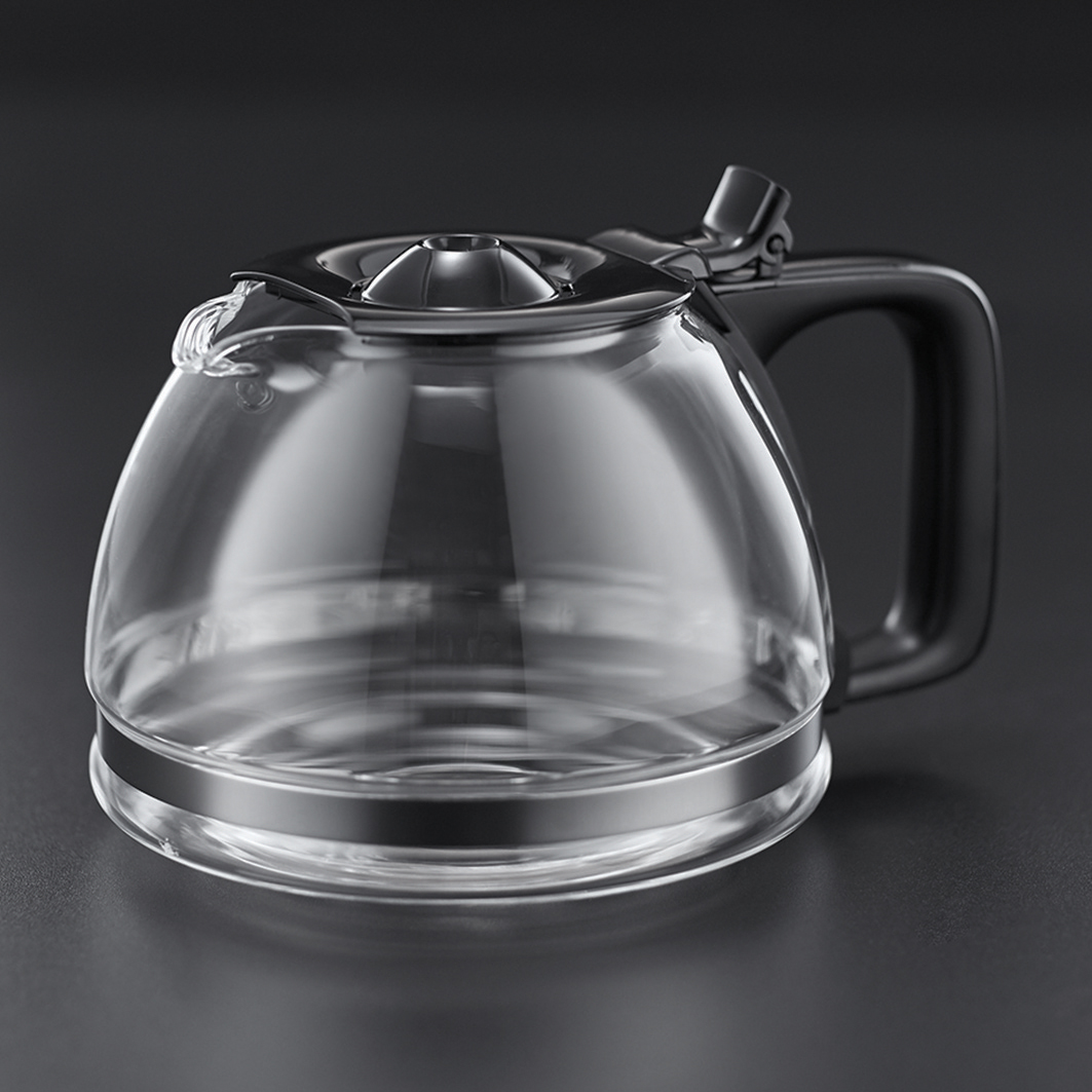 Clear glass coffee pot with a black handle and lid. The pot is on a dark gray surface.
