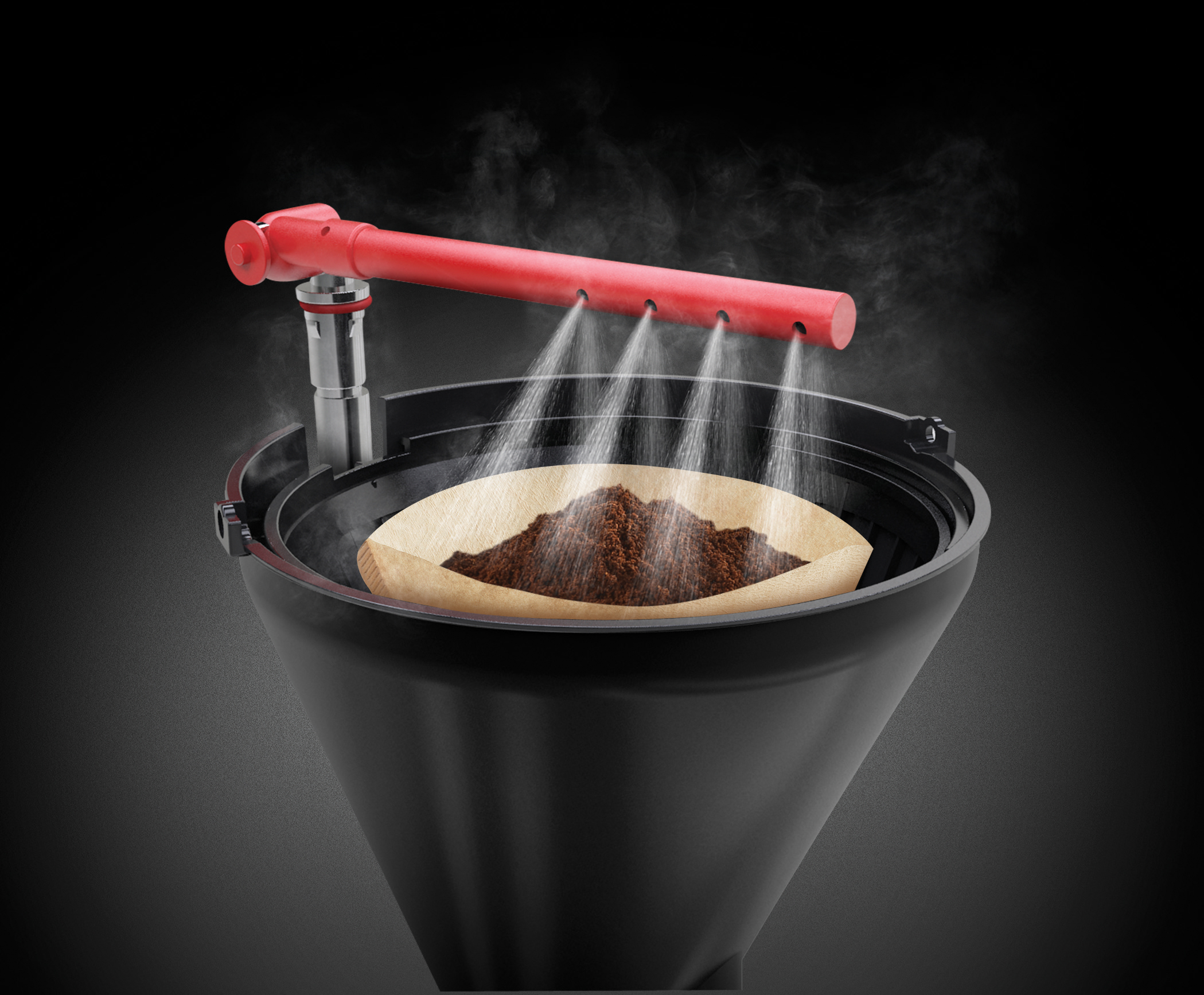 A coffee maker spraying water onto coffee grounds in a filter. Steam is rising. The background is dark grey.