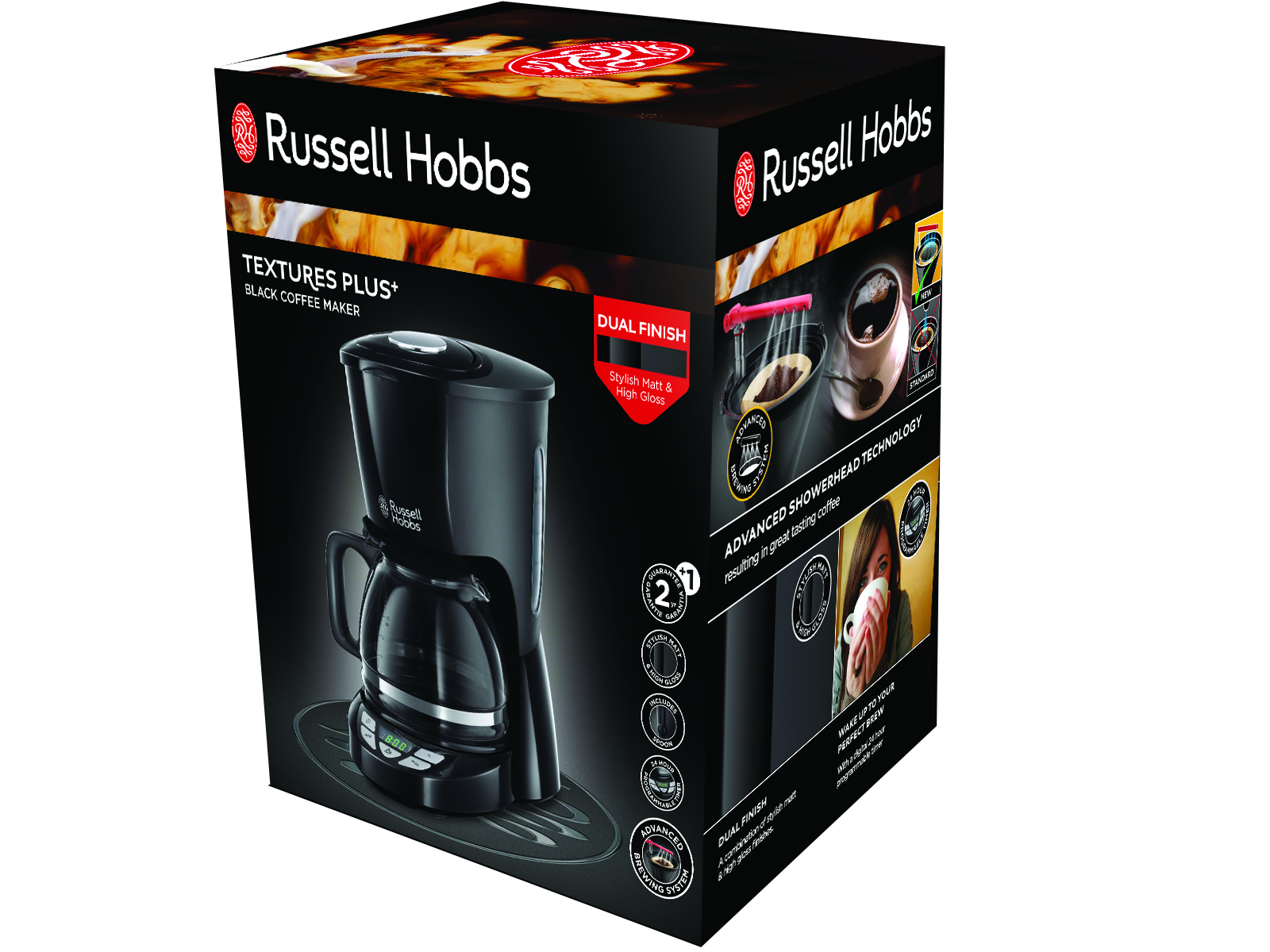 Black Russell Hobbs coffee maker box. It has images and text on the front, and is on a black background.