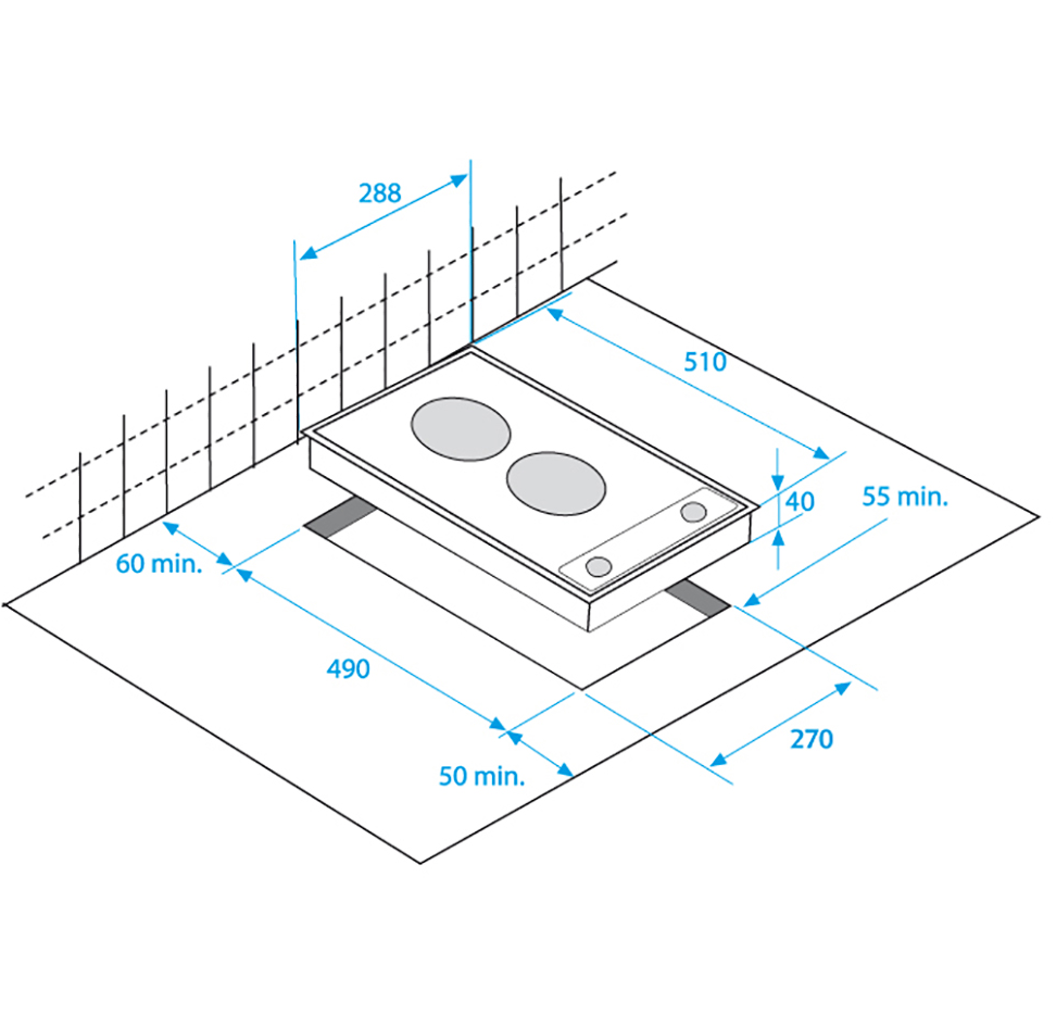 Főzőlap diagramja méretekkel és egyéb jelölésekkel. Két égője van.