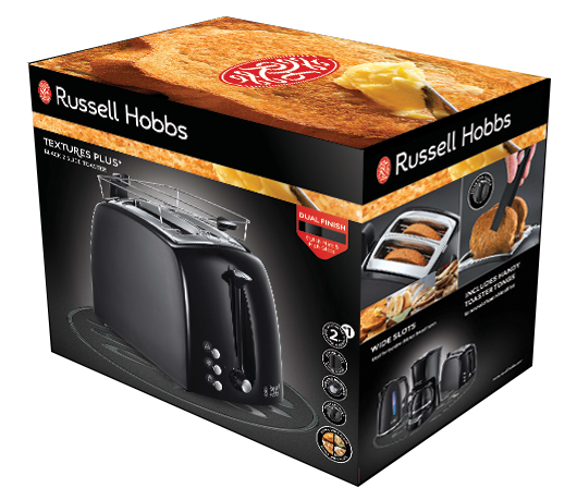 Box of Russell Hobbs toaster, black, with a picture of toasted bread.
