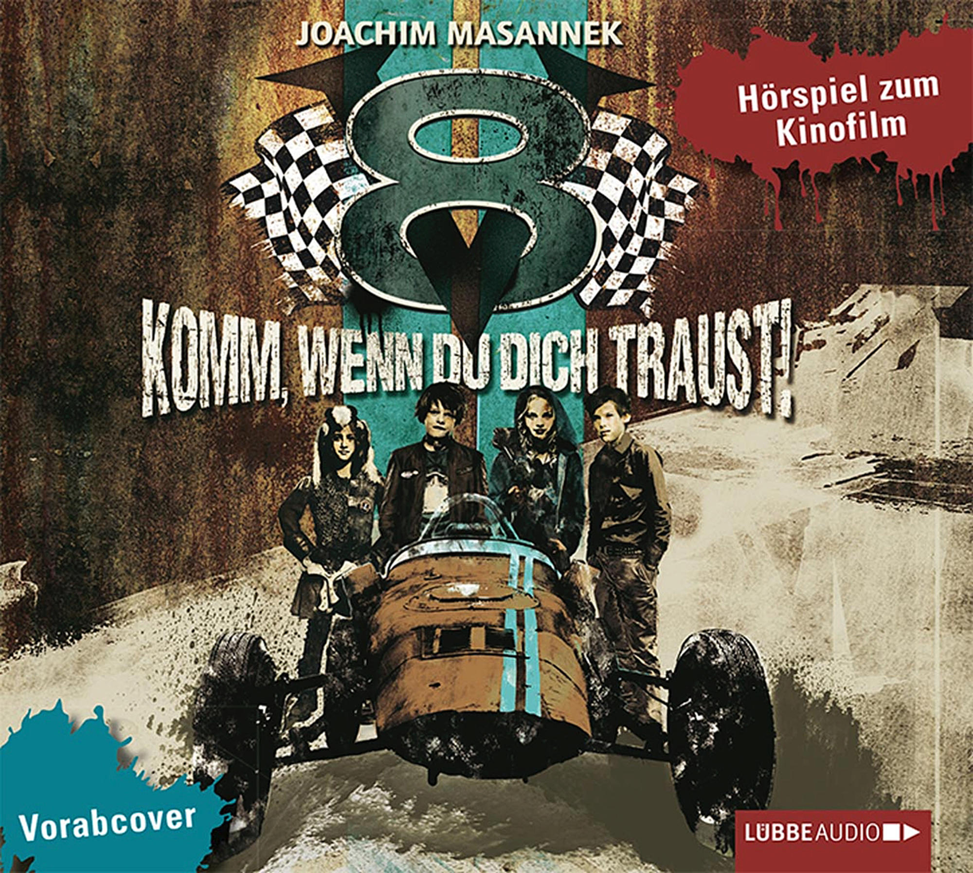 DVD-Cover von Komm, wenn du dich traust! mit vier Personen und einem Rennwagen.