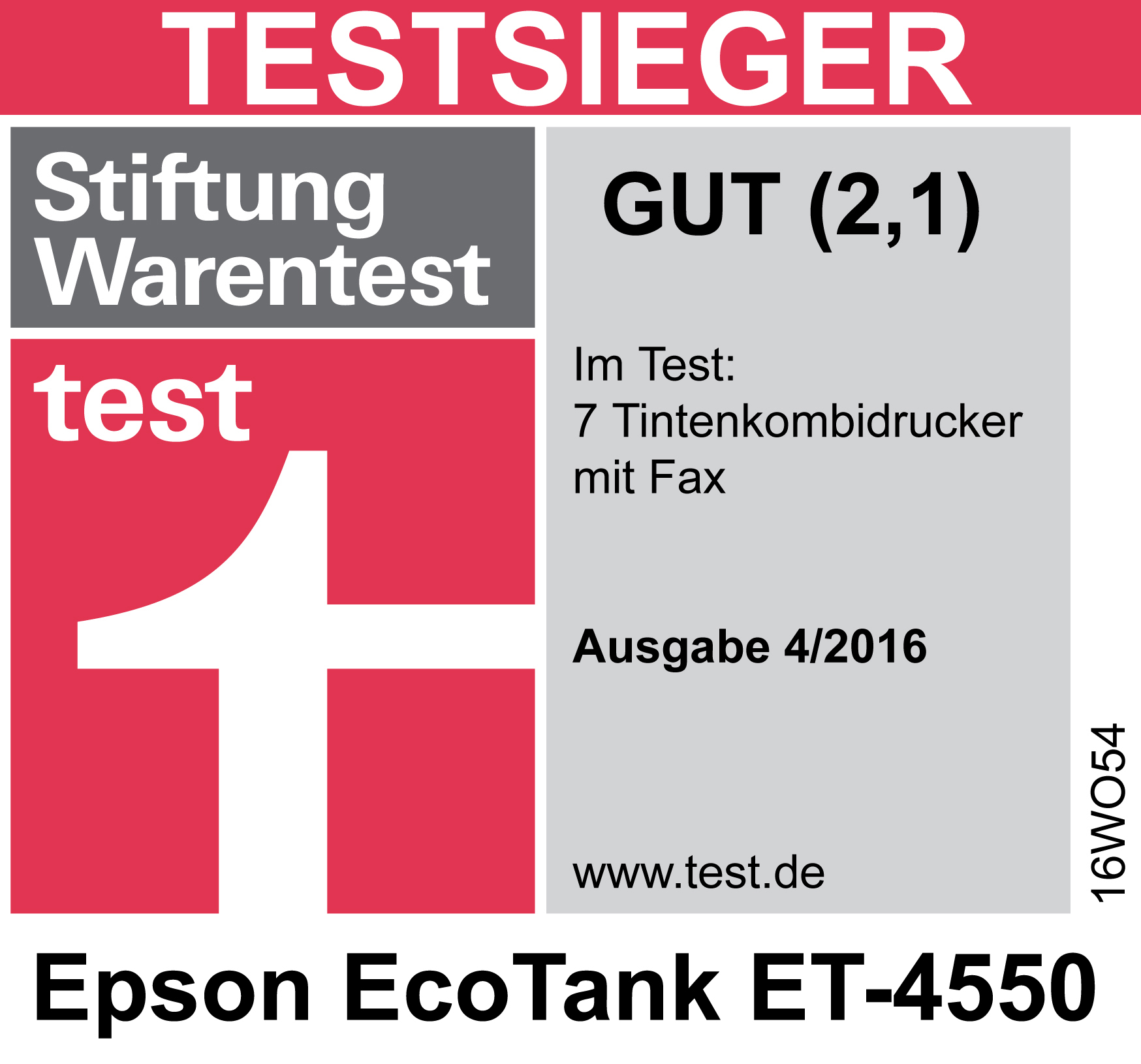 Stiftung Warentest Testergebnis. Graues und rotes Banner. Epson EcoTank Drucker. 'GUT' (2,1).