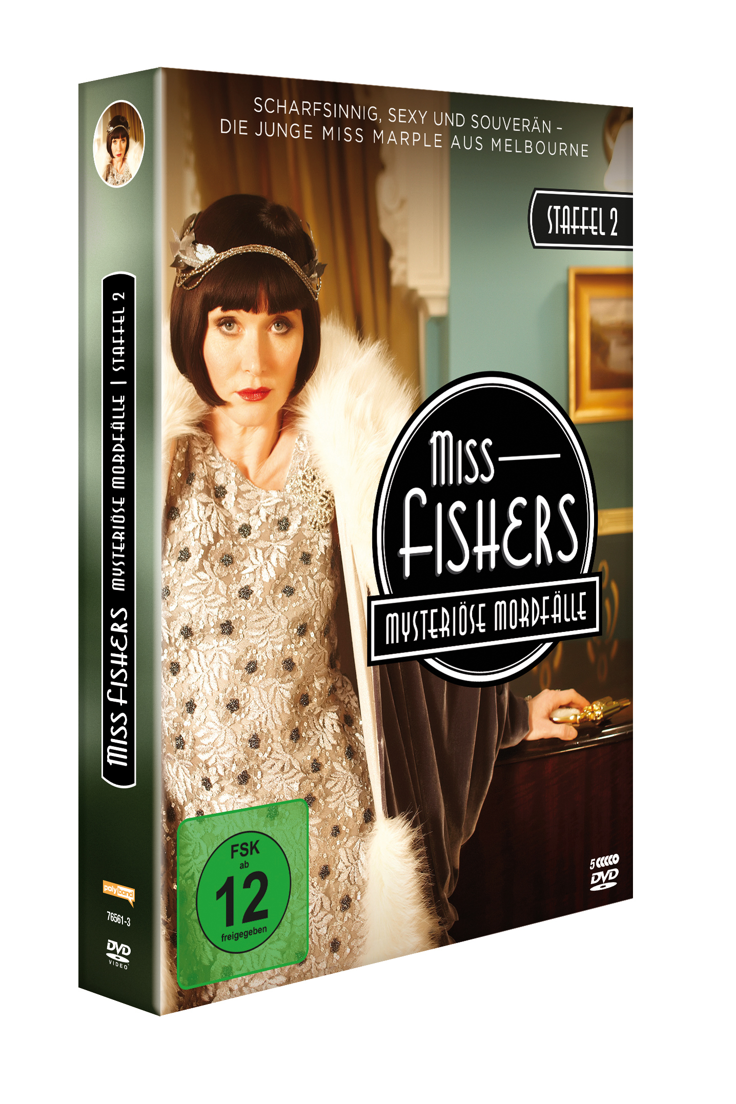 DVD-Cover von 'Miss Fishers mysteriöse Mordfälle'. Die Hauptfigur trägt ein Kleid.